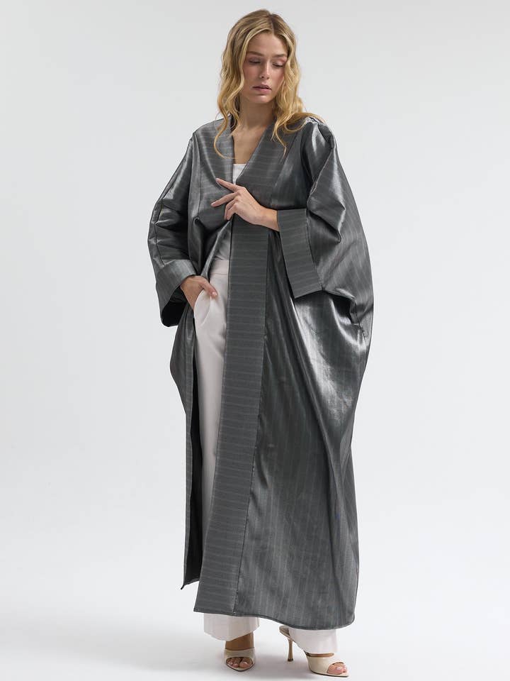 Sølv Bomuld Satin Stribet Abaya for engroshandel hos Store WF