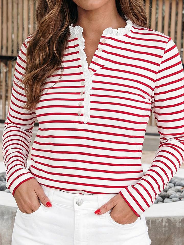 Stripe Frilled Trim Half Button Long Sleeve Top (S-XL) for wholesale by 66DISCO