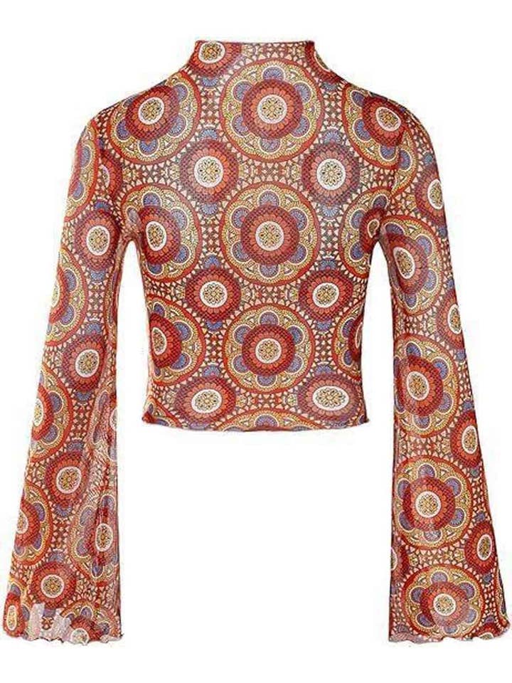 Sweetkama - Wholesale Knit Top - Women's - Ladies Print Flare Sleeves Mesh Crop Top SKT241710