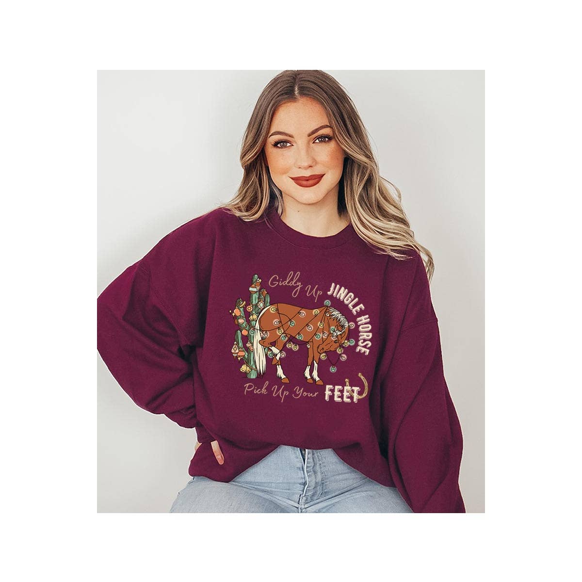 COLORBEAR – Engroshandel Grafisk Sweatshirt - Dame – Giddy Up Jingle Horse jule-unisex sweatshirt med fleece8