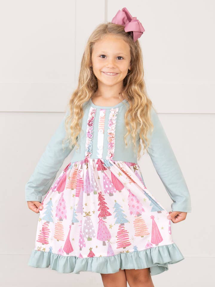 Soft Mint & Pink Christmas Trees Ruffle Dress for wholesale by Marie Nicole Clothing