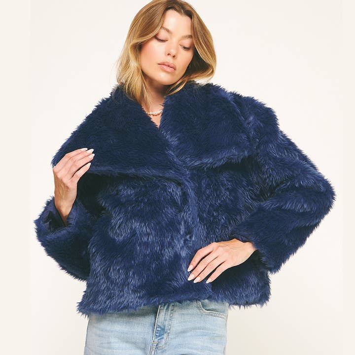 LUXE NAVY FAUX FUR CROPPED JACKET for wholesale by Winslow Collection