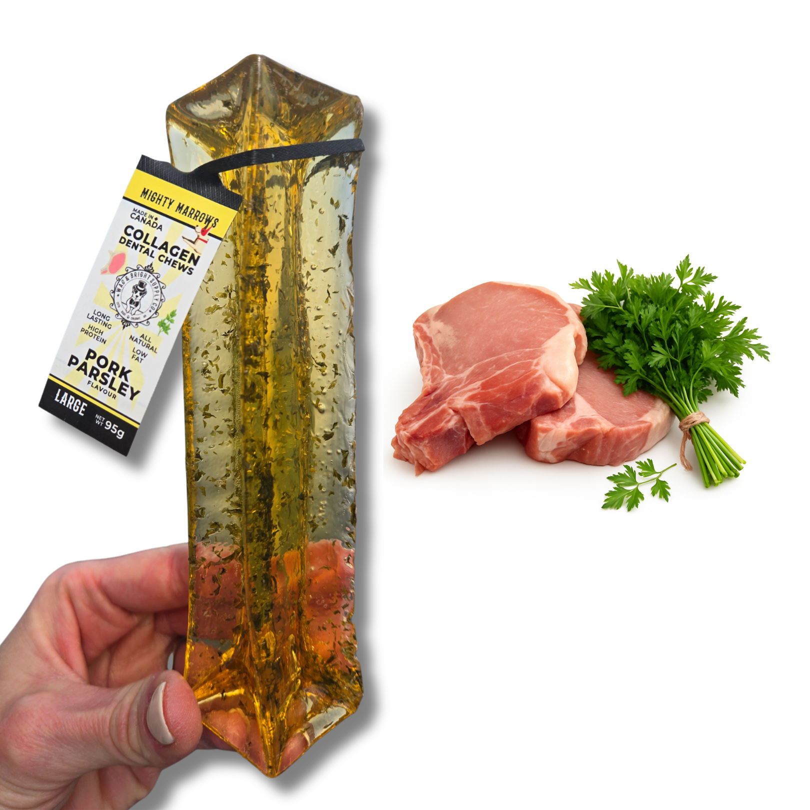 Wag & Bright Supply Co. - Vente Os à mâcher – chien - Mighty Marrows Collagen Dental Chew - Porc Persil - SM/LG1