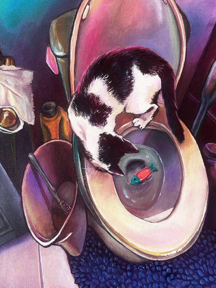 Gone Fishing Black and White Cat Bathroom Art Print for wholesale by mohrdoesart