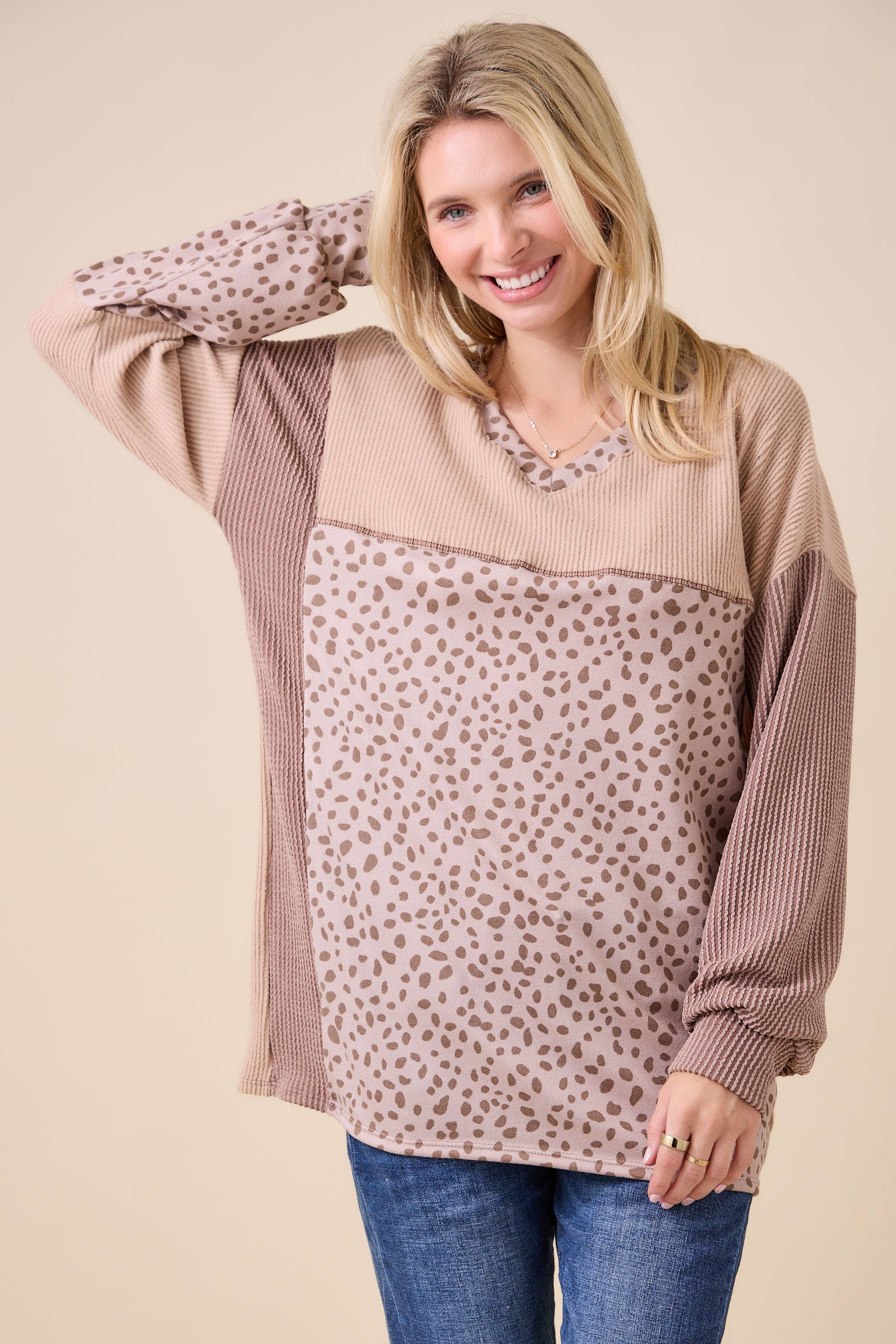 Celeste Clothing - Wholesale Knit Top - Women's - WOMEN'S RIB COLOR BLOCK ANIMAL PRINT LONG SLEEVE TOP41