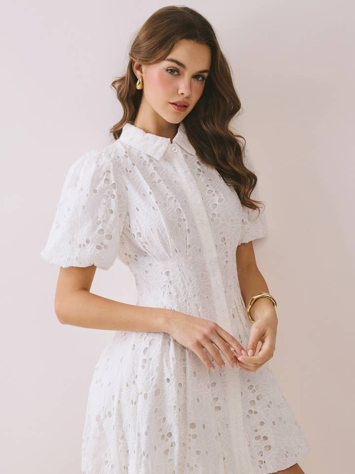 CD06524-Eyelet Collared Neck Hidden Front Button Dress for wholesale by TCEC