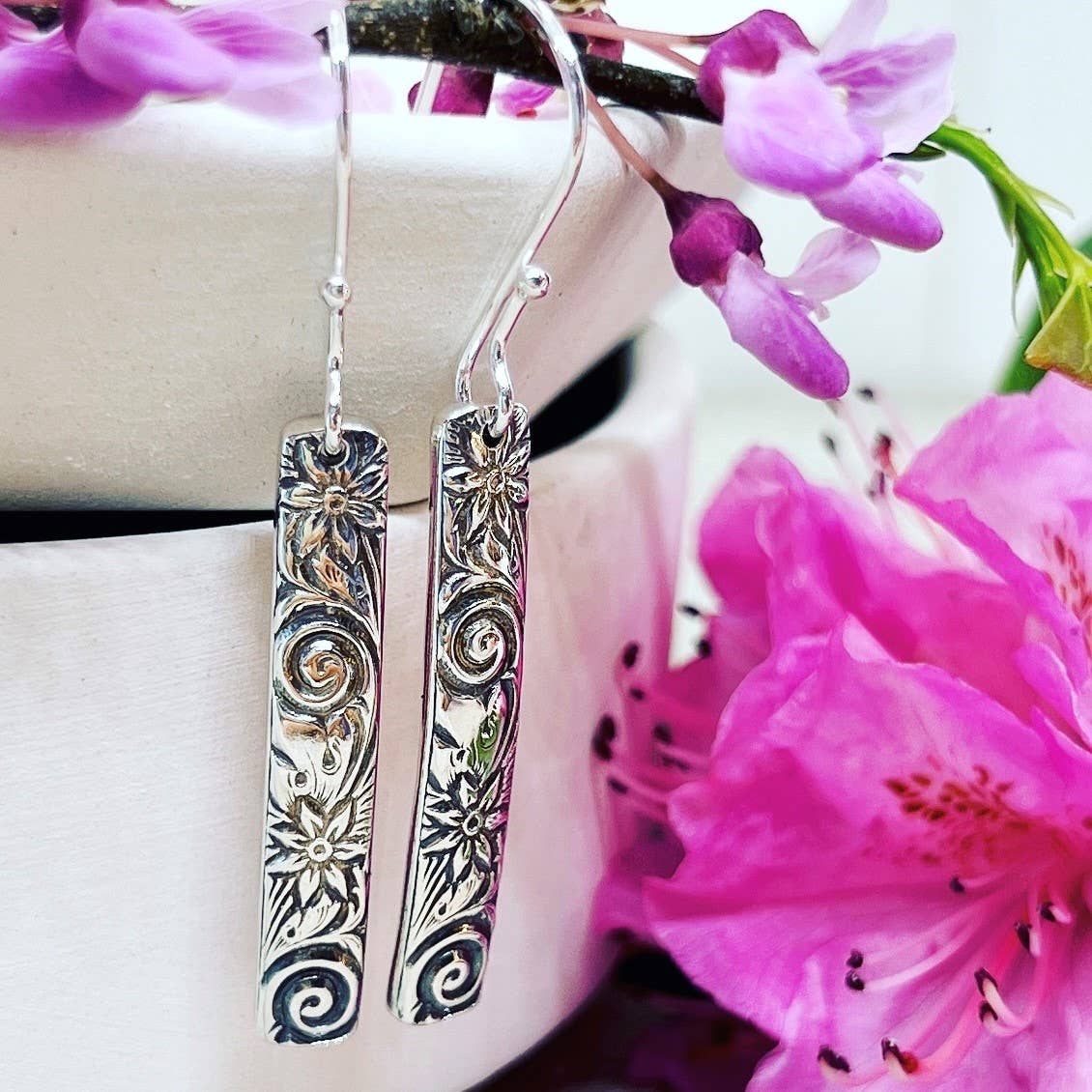 Simply Sterling Designs - Wholesale Dangle Earrings - Flowers and Swirls Sterling Silver Bar Earrings2