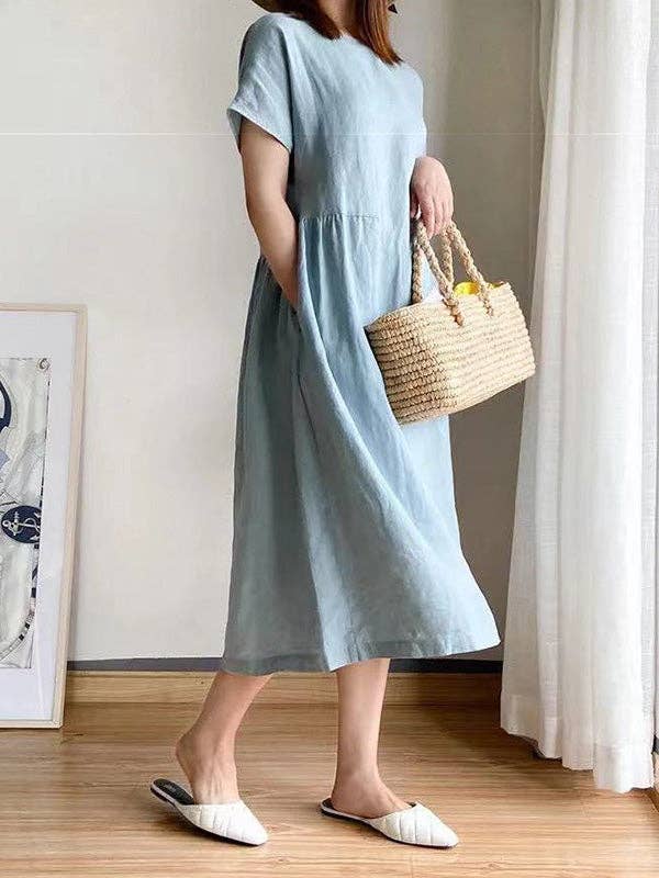 StyleGalX - Wholesale Dress - Women's - Casual Loose Solid Color Round-Neck Midi Dresses4