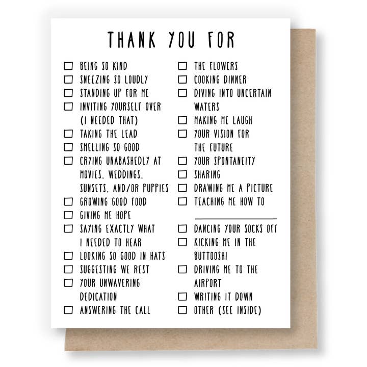 Thank You (List) Note Card for wholesale by Sweet Pea Cole