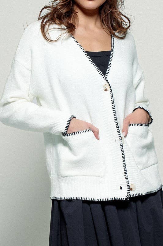 IVOIRE Cardigan en maille décontracté à boutons avec surpiqûres contrastées en vente sur Faire10