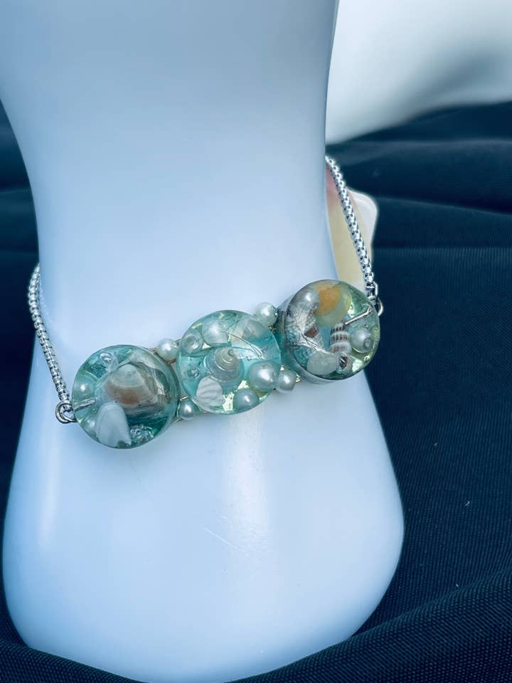 Coastal Beach Sea Shells & Pearls in resin Cinch Bracelet for wholesale by Handmade clay and resin Jewelry