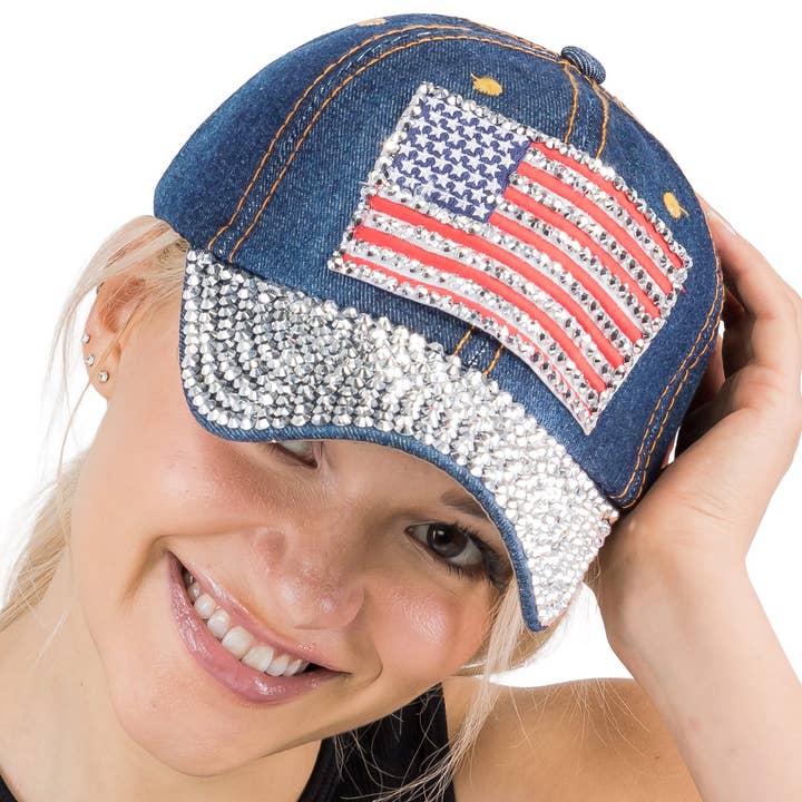 Cap Zone - Wholesale Baseball Cap - Women's - American Flag Bling Patch Denim Baseball Cap