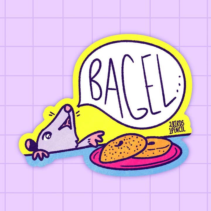 Bagel Loving Possum Vinyl Sticker for wholesale by 2Birds1Pencil Illustrations