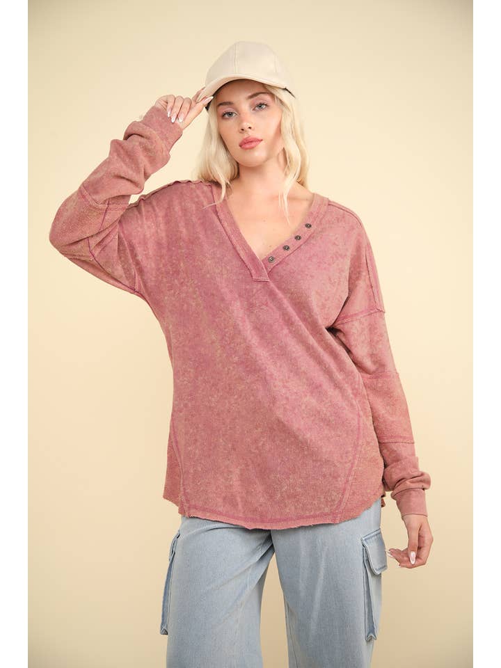 VERY J - Wholesale Knit Top - Women's - NT11802-Washed Knit V-Neck Oversized Top