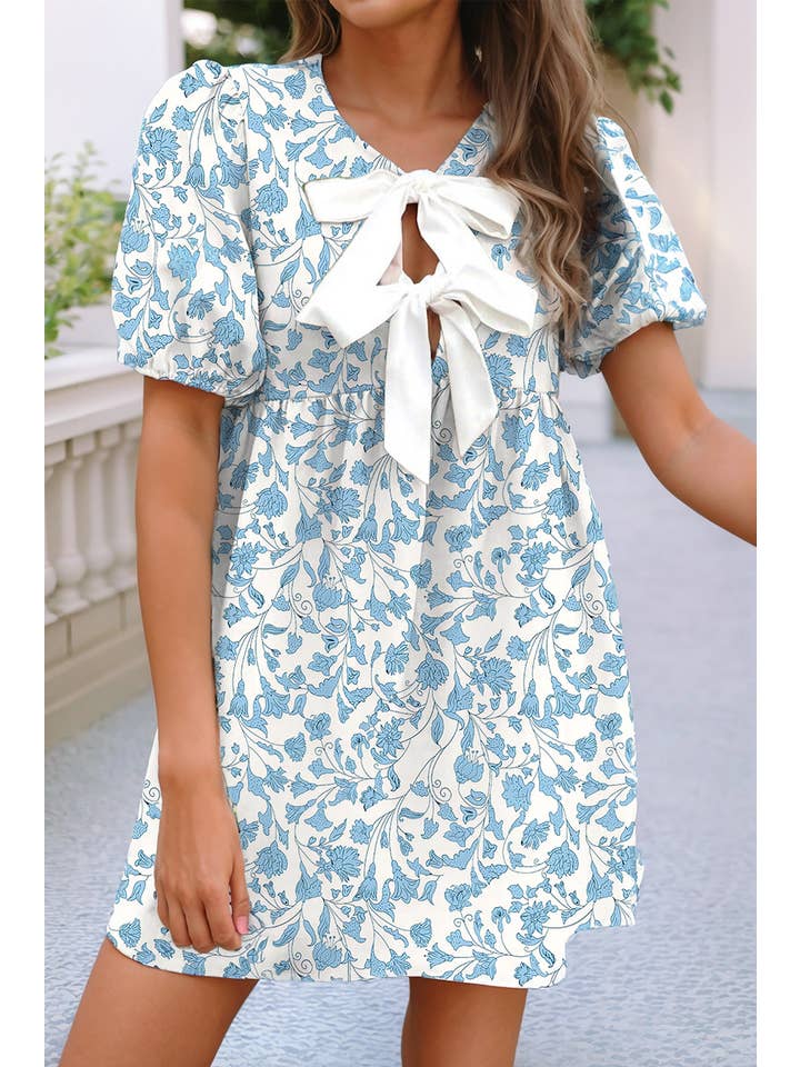 Little Daisy Closet - Wholesale Dress - Women's - LDC Floral Print Bow Knot Decor Bubble Sleeve Shift Dress