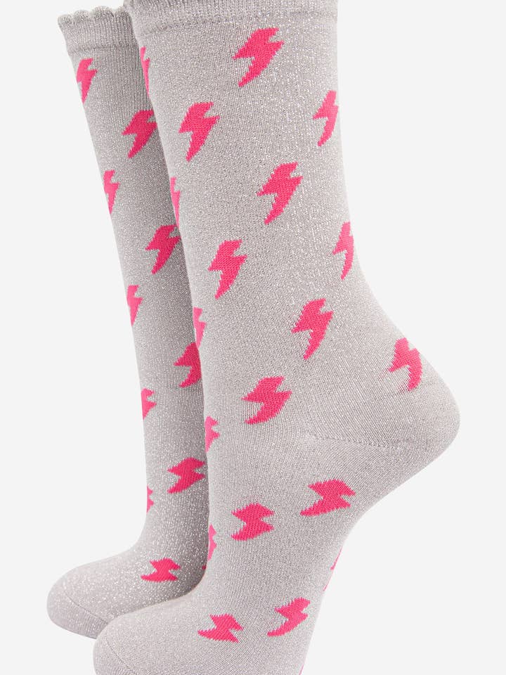 Sock Talk - Wholesale Socks - Women's - Women's Cotton Glitter Socks Lightning Bolt Grey0