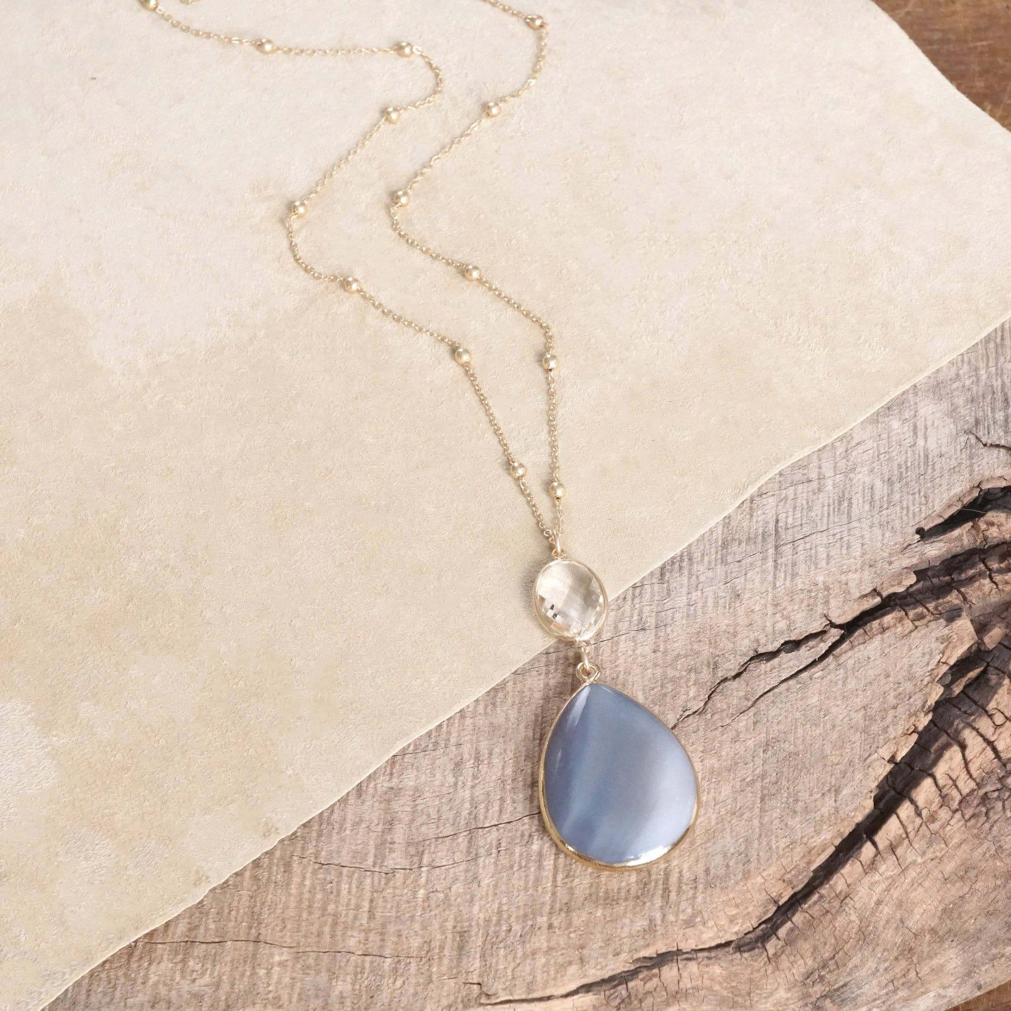PennyLine inc - Wholesale Pendant/Charm Necklace - Boho Minimal Long Necklace with Teardrop Natural Stone Pendant – Gray and Worn Gold Tone (Copy)3