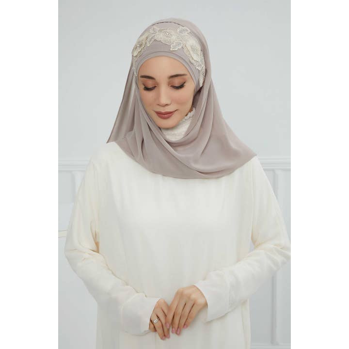 Aisha's Design - Wholesale Hijab – Women’s - Luxury Instant Chiffon Hijab with Floral Lace, Ready-to-Wear Chiffon Hijab with Embroidered Flowers,CPS-10161