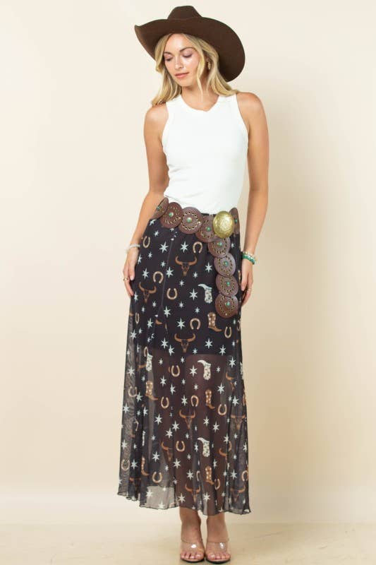 Svart/Khaki/Elfenben AS1300-DEMI VÄSTERLÄNDSKA ELEMENT TRYCKT FODRAD MAXI MESH KJOL för wholesale på Faire10