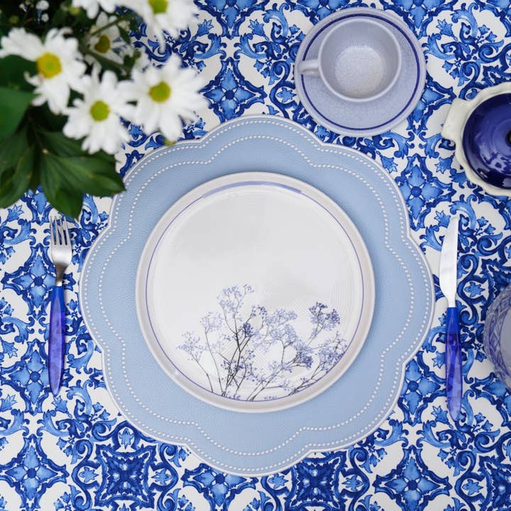 NURTURE SKY BLUE SCALLOPED FAUX LEATHER PLACEMAT for wholesale by PNR Decor