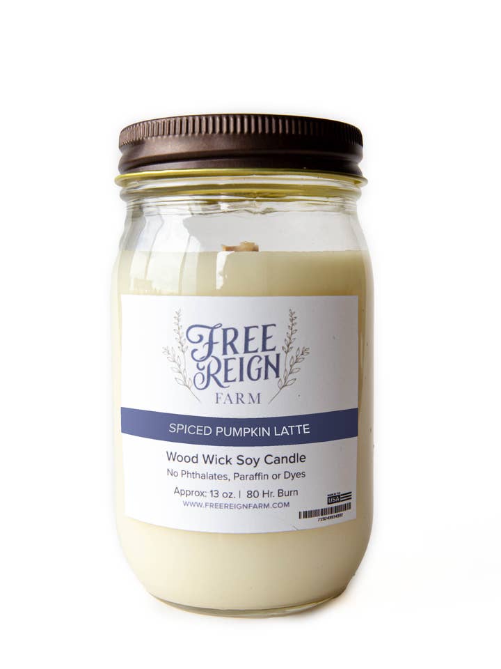 Spiced Pumpkin Latte: Wood Wick Soy Candle for wholesale by Free Reign Farm