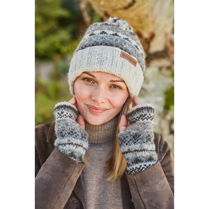Classic Fair Isle Women's Wool Knit Roll Bobble Hat Natural for wholesale on Faire1