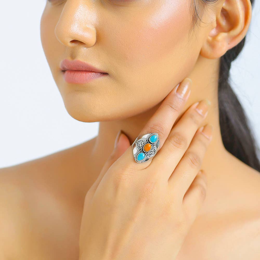 Tiramisu - Wholesale Cocktail/Statement Ring - Turquoise 3 Stone Wide Band Boho 925 Sterling Silver Ring1