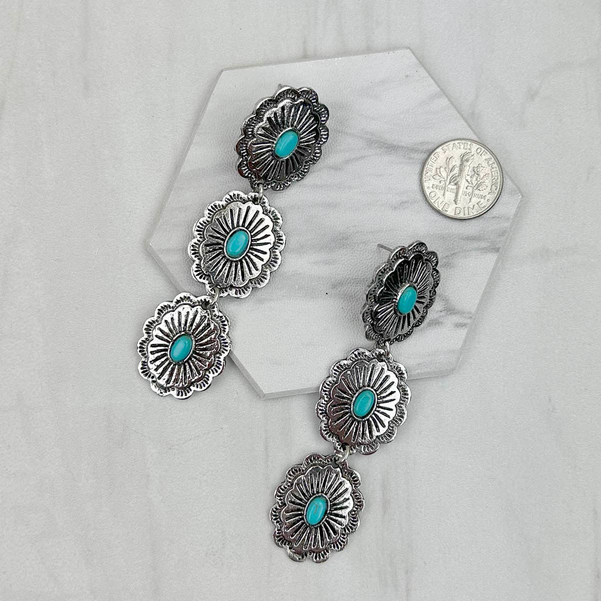 Western Elite Jewelry - Vente Boucles d'oreilles pendantes - ER231217-29 Boucles d'oreilles concho en métal argenté avec pierre bleue turquoise0