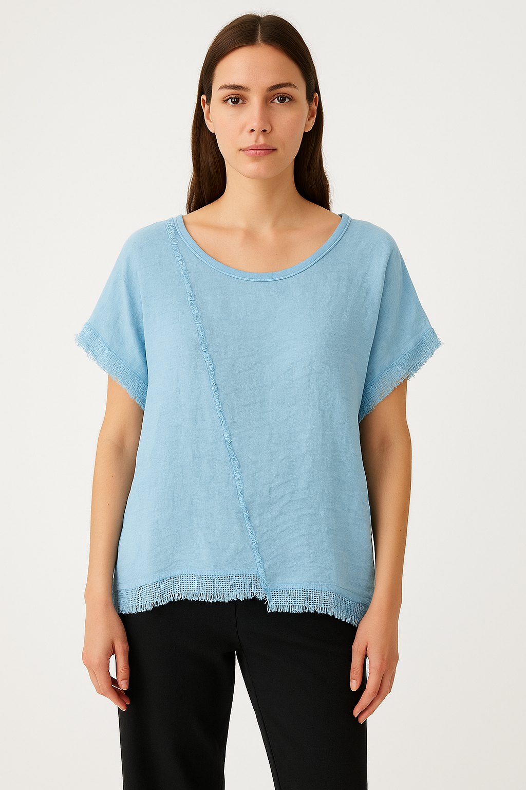 Lucy Sparks - Wholesale T-Shirt - Women's - LINEN FRONT AND COTTON BACK ASYMMETRIC T-SHIRT WITH MESH HEM0