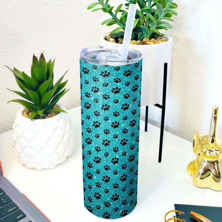 Gobelet en acier inoxydable de 20 oz Paw Prints with Blue Glitter pour la vente par NLC Creations
