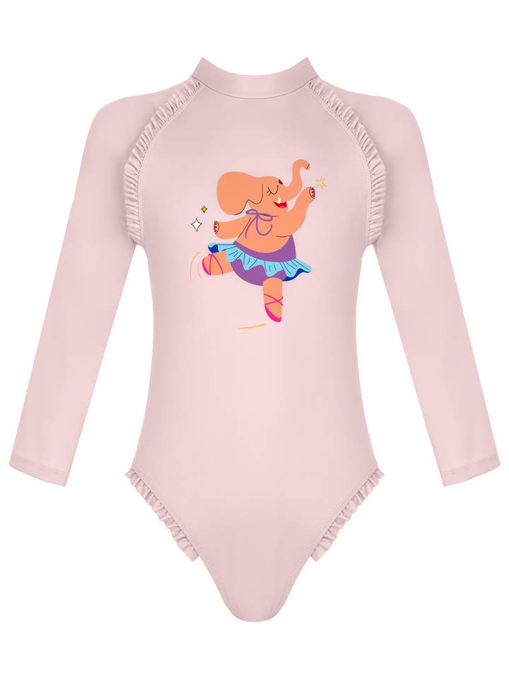 Elephant Print UPF50+ Girls Long Sleeve One Piece (Pink) for wholesale by Daring Littles