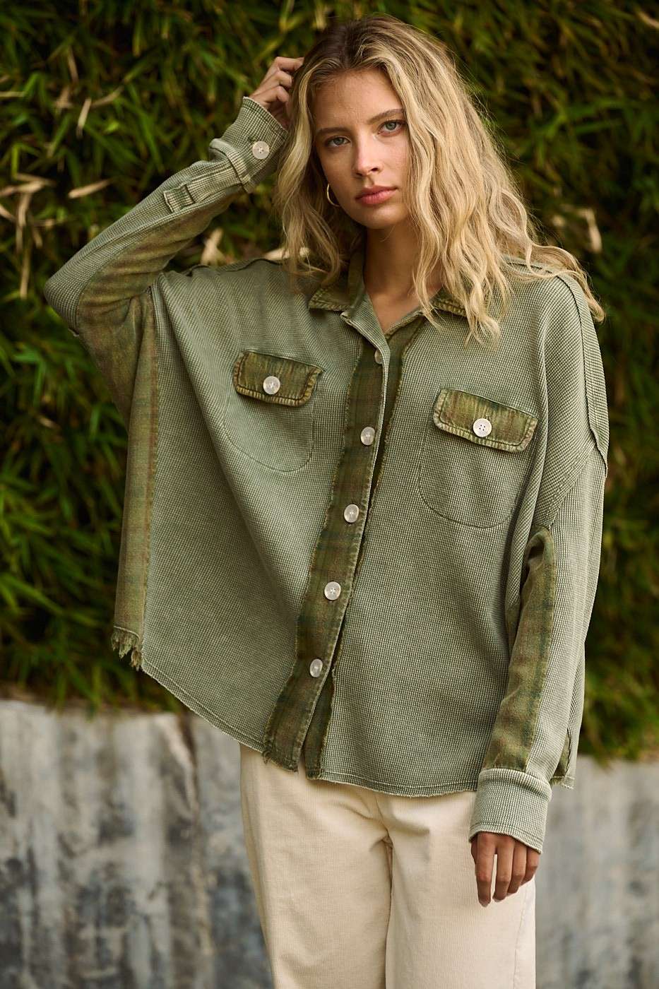 mittoshop - Wholesale Shirt Jacket/Shacket - Women's - MINERAL WASH PLAID CONTRAST WAFFLE KNIT SHACKET10