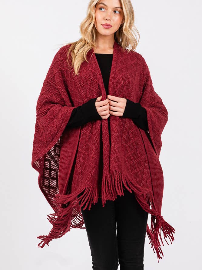 Hana – wholesale Cardigan – Women’s – Diamond Pattern Tassel Knit Ruana Winter Cardigan18