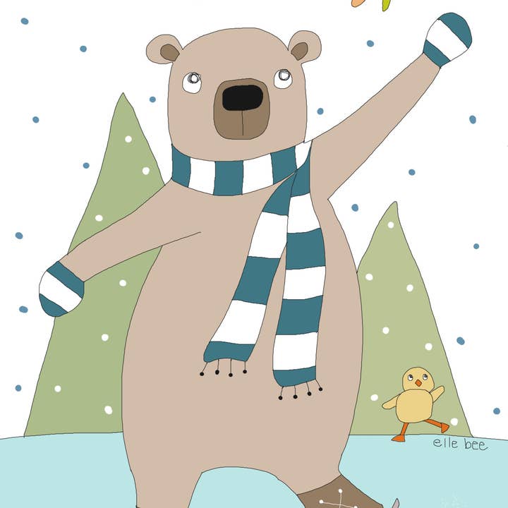 Brown bear on skates greeting card for wholesale by Elle Bee Art Studio