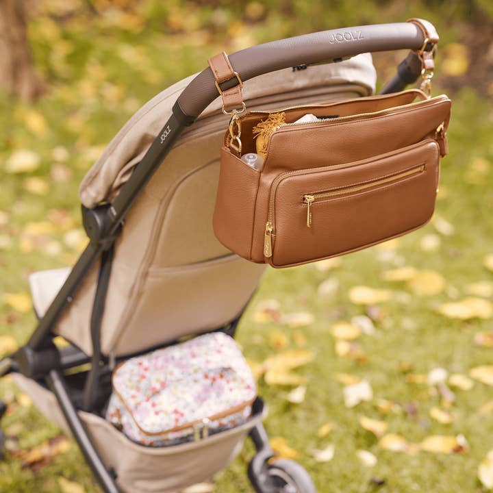 OiOi - Wholesale Pram cover/accessory - Multitasker Pram Caddy 2.0- Chestnut Brown Vegan Leather 2