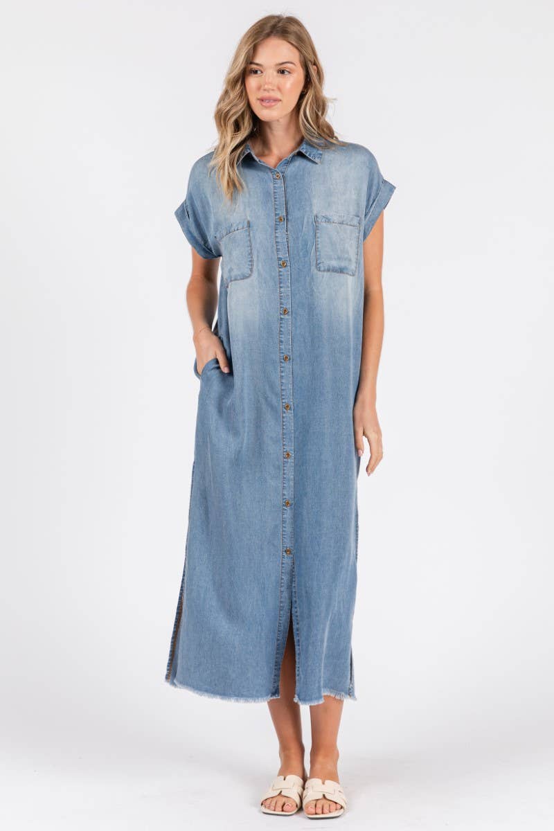 ZiA Apparel - Wholesale Jurk - Dames - Maxi spijkerjurk met korte mouwen en overhemdstijl20