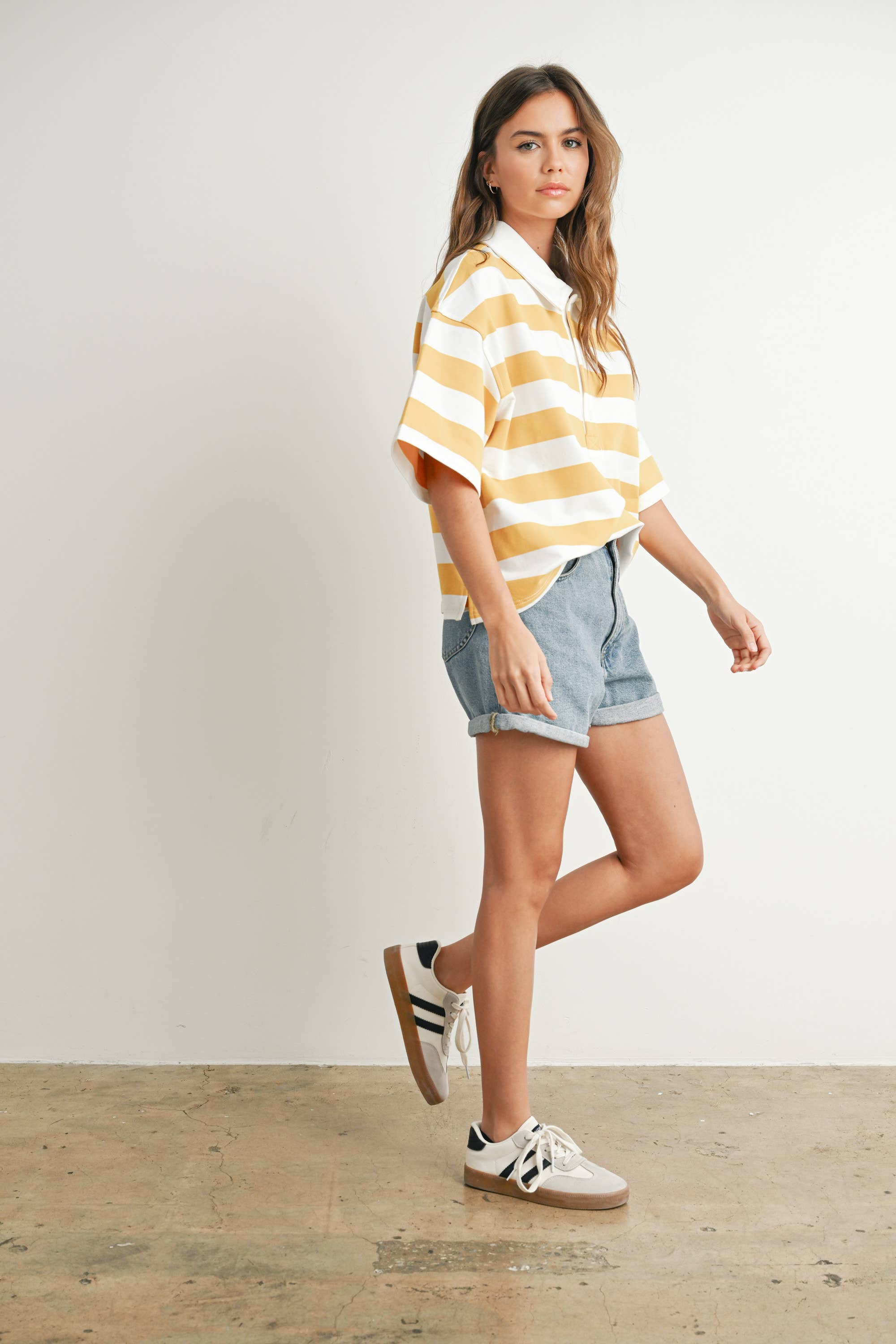 BUTTERMELON - Wholesale Polo - Women's - Striped Oversized Polo Shirt - BMT771028