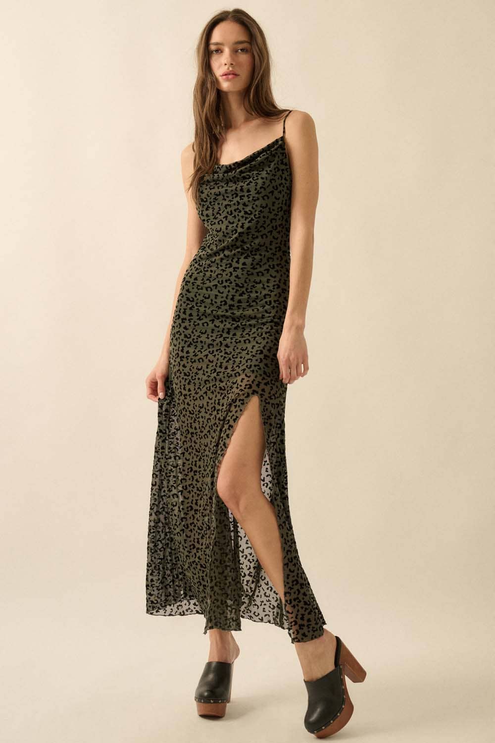 Promesa USA - Wholesale Dress - Women's - Flocked Leopard Mesh Cowl-Neck Maxi Dress15