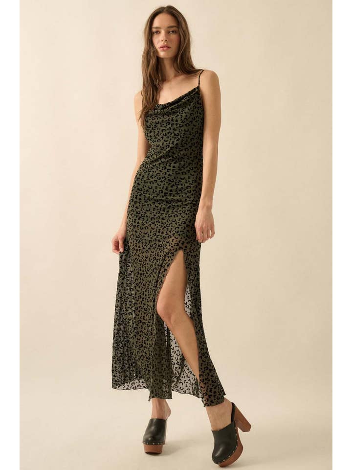 Promesa USA - Wholesale Dress - Women's - Flocked Leopard Mesh Cowl-Neck Maxi Dress15