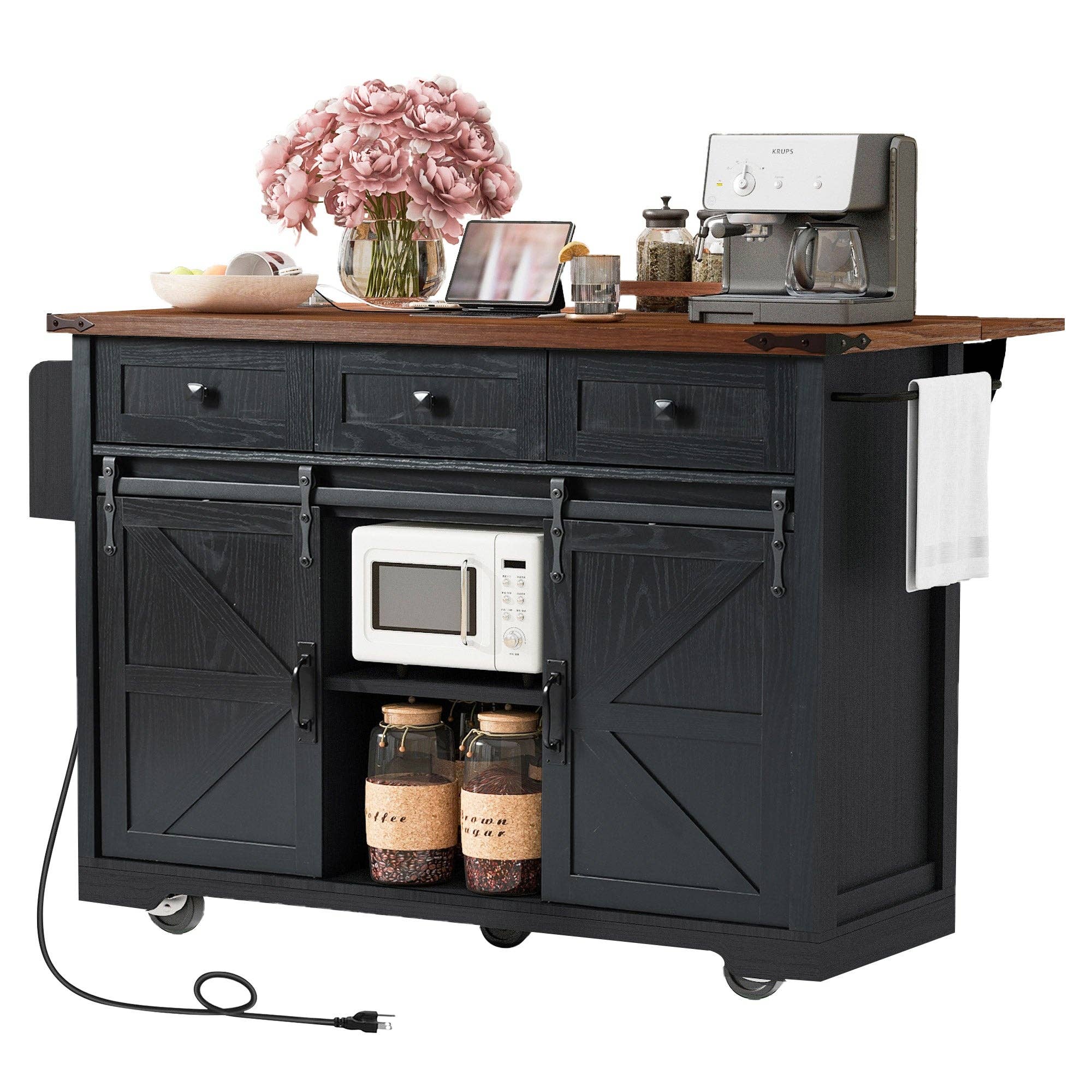 Orange County Decor - Wholesale Kitchen Storage/Organizer - K&K 53.7" Farmhouse Kitchen Island With Power Outlet, 2 Sliding Barn Door Kitchen Storage Island With Drop Leaf, Spice Rack Rolling Kitchen Cart On Wheels, For Home, Kitchen And Dining Room, Black25