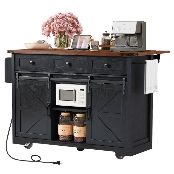 Orange County Decor - Wholesale Kitchen Storage/Organizer - K&K 53.7" Farmhouse Kitchen Island With Power Outlet, 2 Sliding Barn Door Kitchen Storage Island With Drop Leaf, Spice Rack Rolling Kitchen Cart On Wheels, For Home, Kitchen And Dining Room, Black25