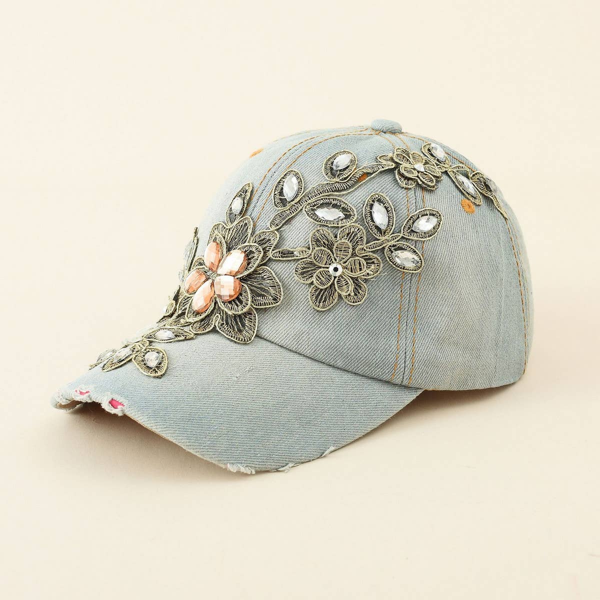 Blue Diamond-Embellished Distressed Denim Baseball Cap CWAH1390 for wholesale on Faire
