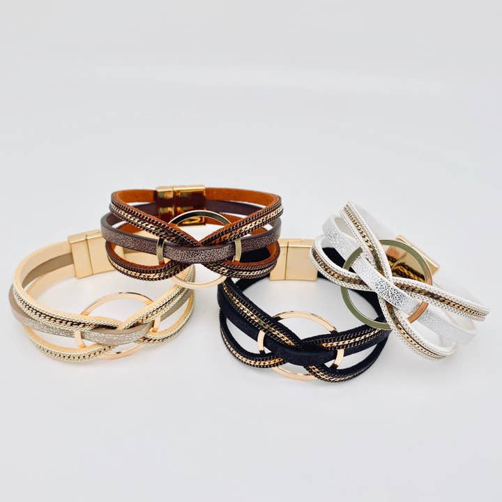 Mio Queena - Wholesale Bangle Bracelet - Magnetic Buckle Ring Charm Leather Bangle Bracelet - BJ/LB