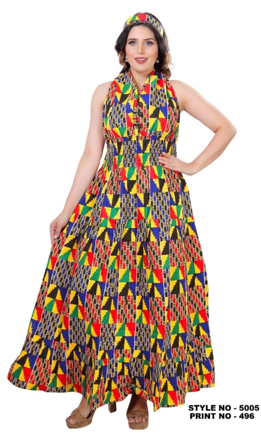 India Batik - Wholesale Dress - Women's - Long Smocked Halter Dress- 50050