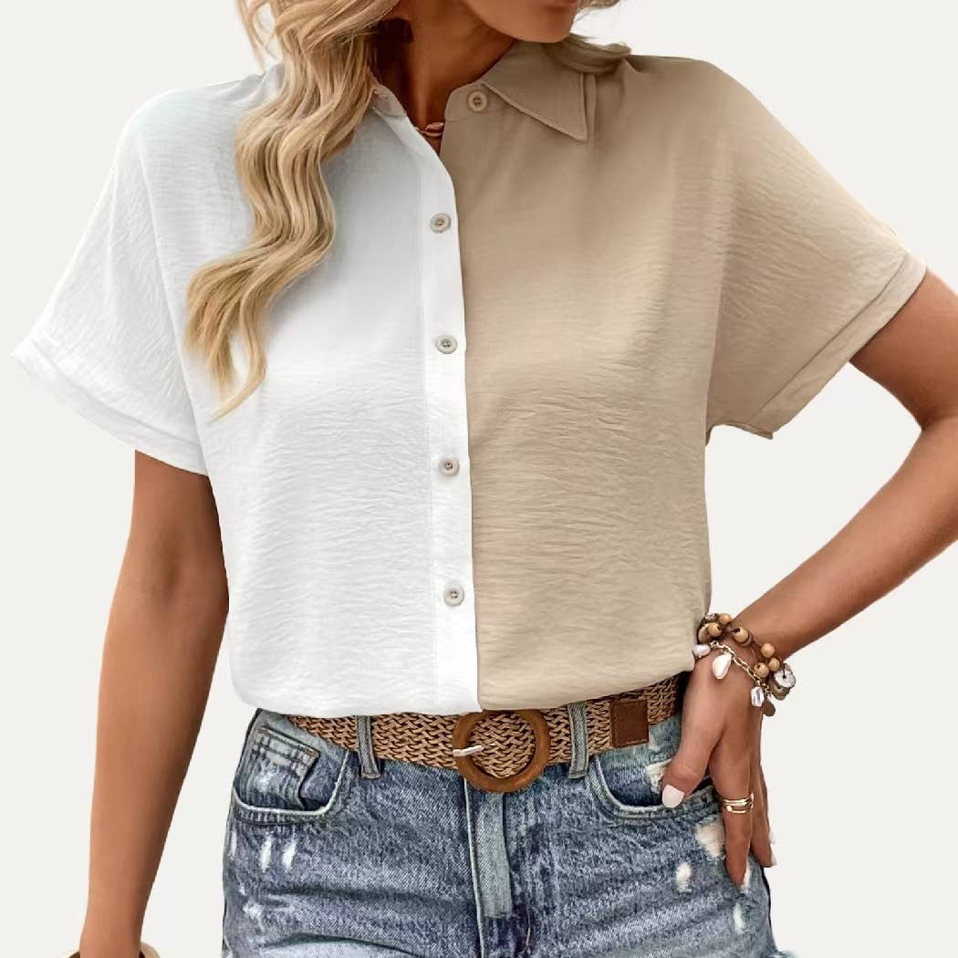 Chic White Apricot Button-Up Short Sleeve Top for wholesale on Faire1
