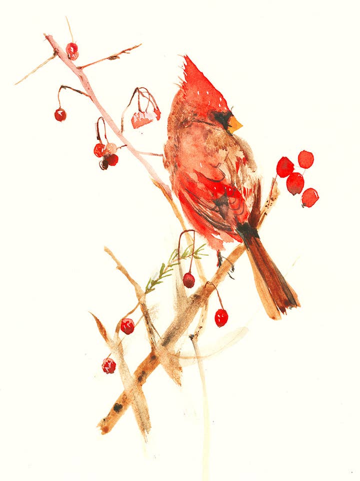 Red Winter Cardinal postcard for wholesale by Ping He Art