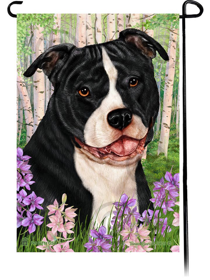 Drapeau de fleurs printanières non rognées noir et blanc Pit Bull pour la vente par Pet Gifts USA, LLC
