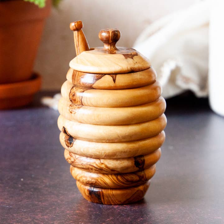 Olive Wood Honey Jar for wholesale by Vesper & Vine