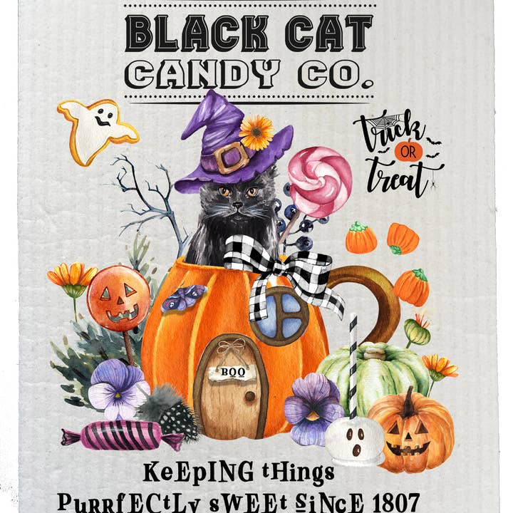Avery Lane Gifts - Wholesale Dishcloth - Halloween Black Cat Candy Co. Kitchen SWEDISH DISH CLOTH