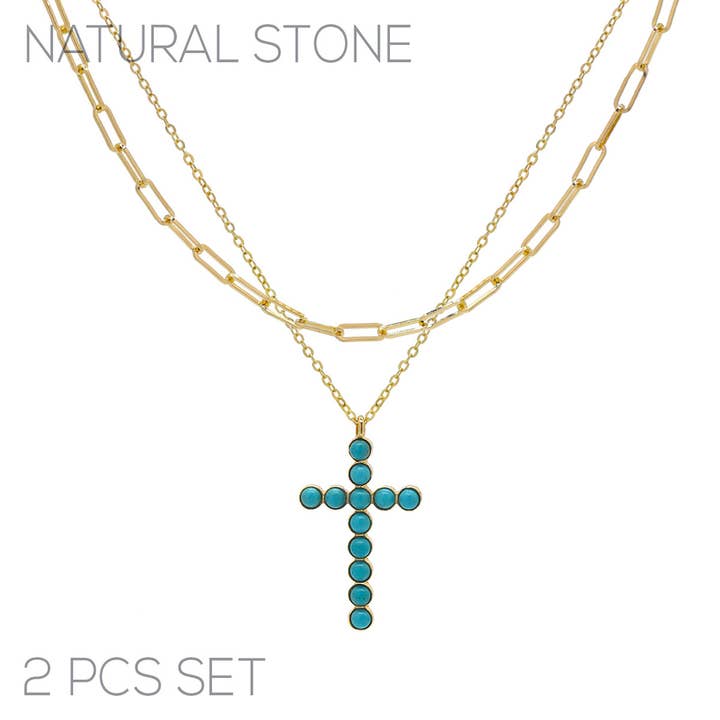 PinktownUSA - Wholesale Pendant/Charm Necklace - Gold Turquoise Stone Cross 2pc Necklace